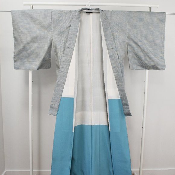 Vintage Blue ORI Woven Unisex Kimono, Long Authentic Japanese Silk Kimono - Picture 8 of 16